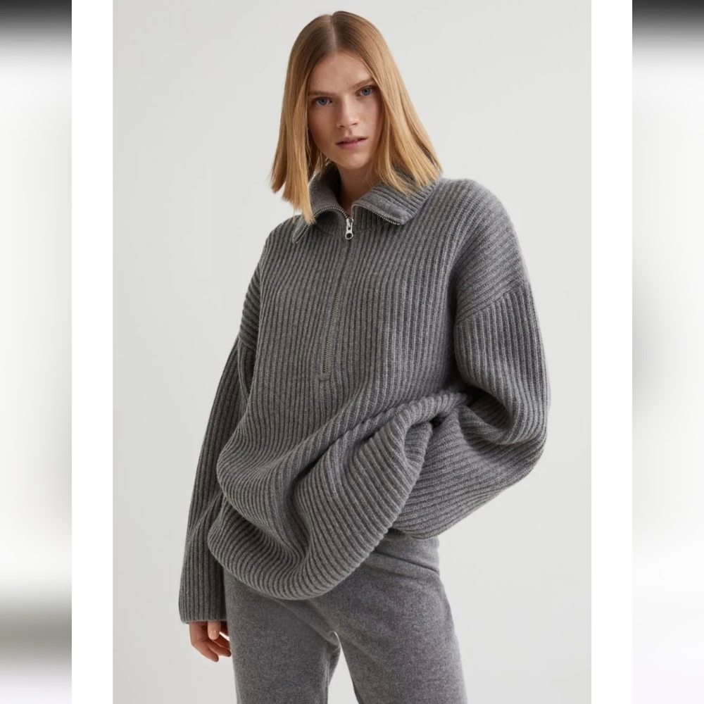 90% Wool 10% Cashmere Chunky 1/4 Zip Sweater By H&M Size Large Womens